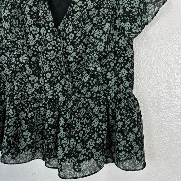 Madewell Top Women XXS Faux Wrap Ruffle Peplum Dark Green Floral Cottagecore - Picture 5 of 12